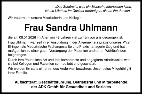 Traueranzeige von Sandra Uhlmann von Ehinger Tagblatt