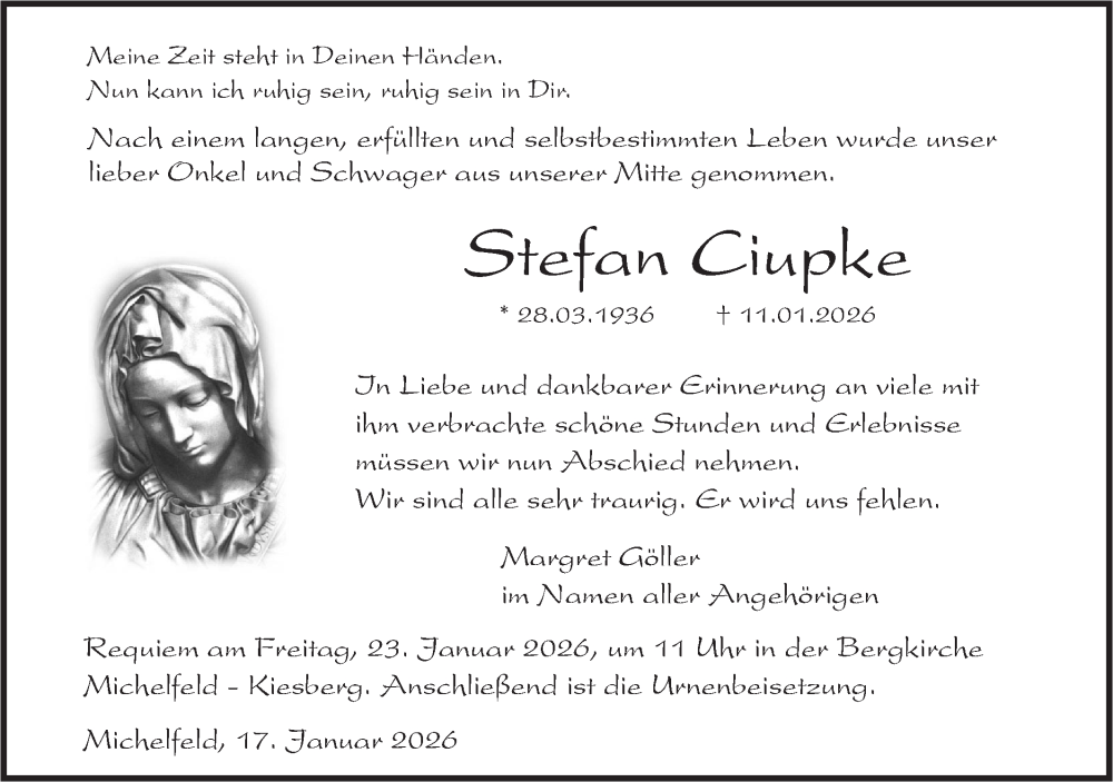  Traueranzeige für Stefan Ciupke vom 17.01.2026 aus Haller Tagblatt