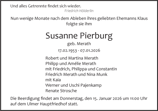 Traueranzeige von Susanne Pierburg von SÜDWEST PRESSE Ausgabe Ulm/Neu-Ulm