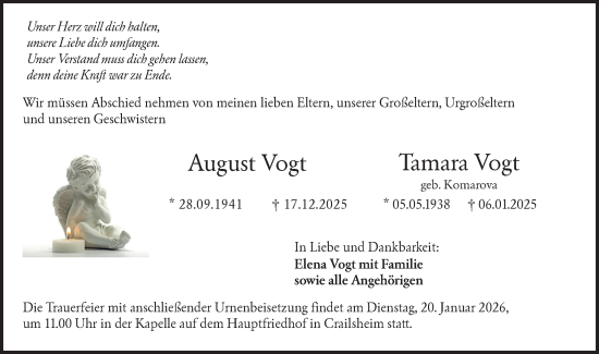 Traueranzeige von Tamara Vogt von Hohenloher Tagblatt