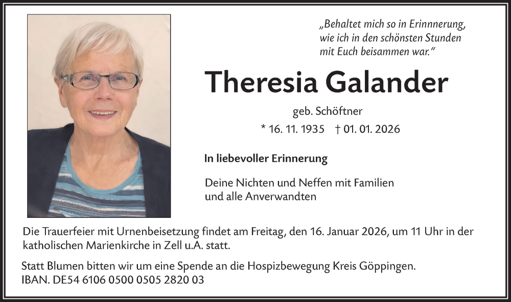  Traueranzeige für Theresia Galander vom 10.01.2026 aus NWZ Neue Württembergische Zeitung