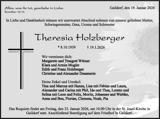 Traueranzeige von Theresia Holzberger von Rundschau Gaildorf