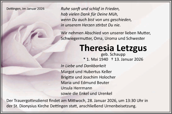 Traueranzeige von Theresia Letzgus von Schwäbische Tagblatt