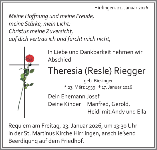 Traueranzeige von Theresia Riegger von Schwäbische Tagblatt