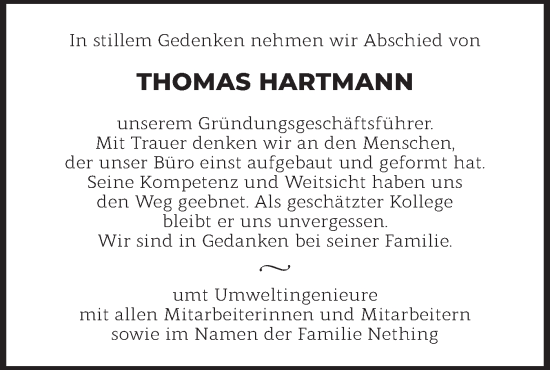 Traueranzeige von Thomas Hartmann von SÜDWEST PRESSE Ausgabe Ulm/Neu-Ulm