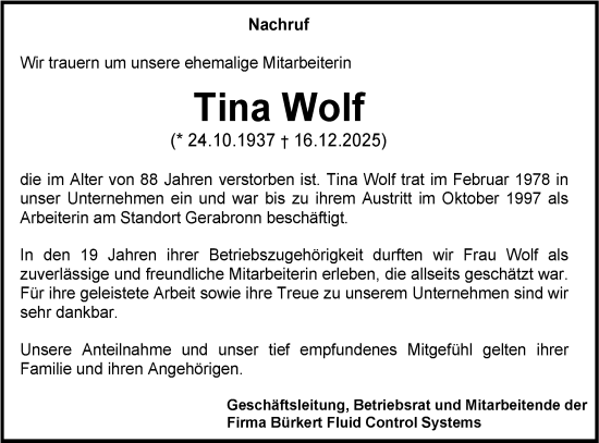 Traueranzeige von Tina Wolf von Hohenloher Tagblatt