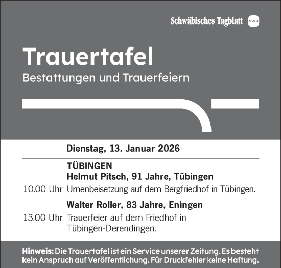 Traueranzeige von Totentafel vom 13.01.2026 von Schwäbische Tagblatt