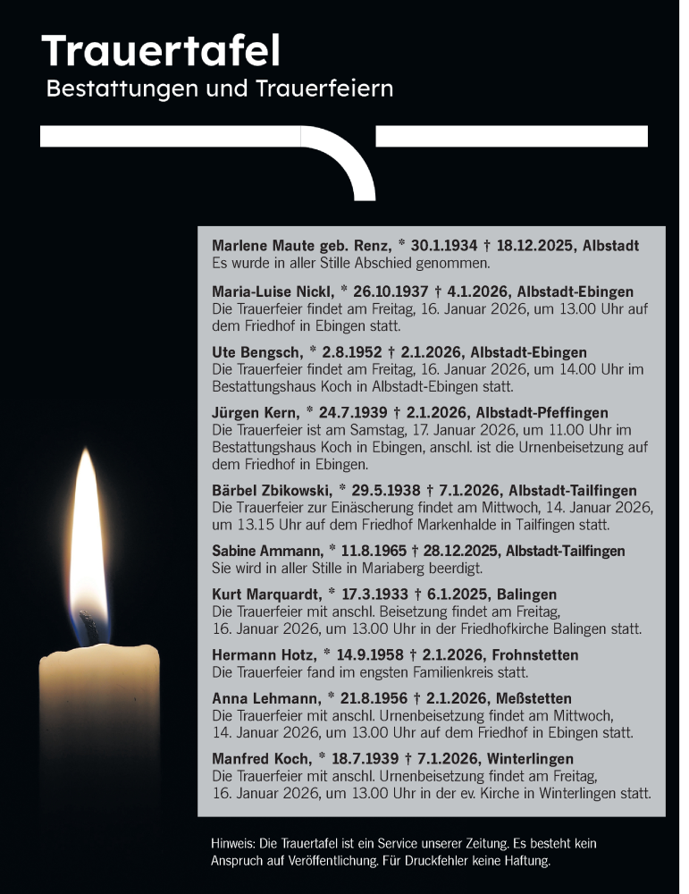  Traueranzeige für Totentafel vom 13.01.2026 vom 13.01.2026 aus SÜDWEST PRESSE Zollernalbkreis/Hohenzollerische Zeitung