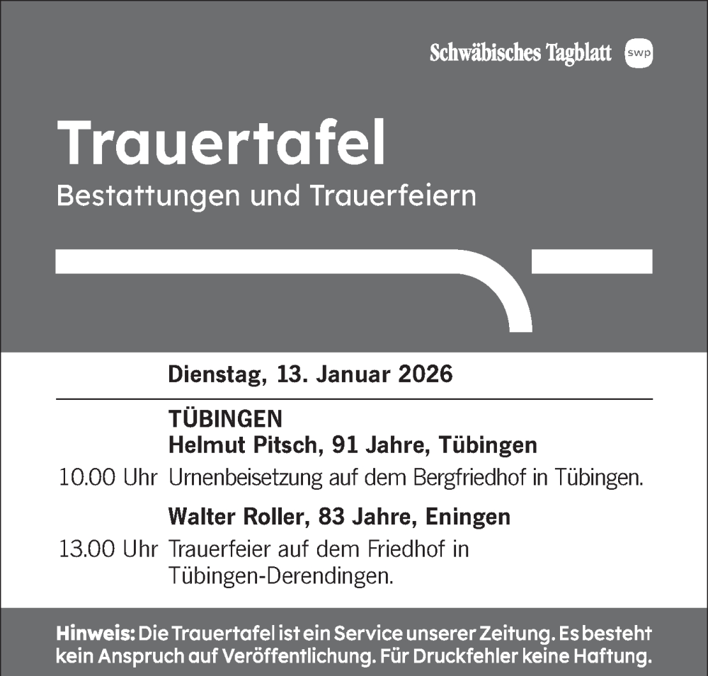  Traueranzeige für Totentafel vom 13.01.2026 vom 13.01.2026 aus Schwäbische Tagblatt