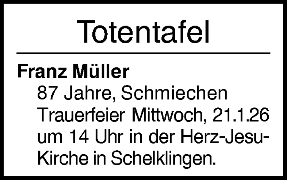 Traueranzeige für Totentafel vom 16.01.2026 vom 16.01.2026 aus Ehinger Tagblatt