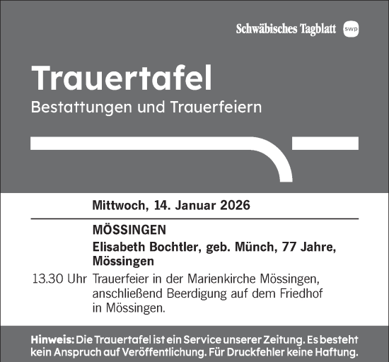 Traueranzeige von Trauertafel vom 14.01.2026 von Schwäbische Tagblatt