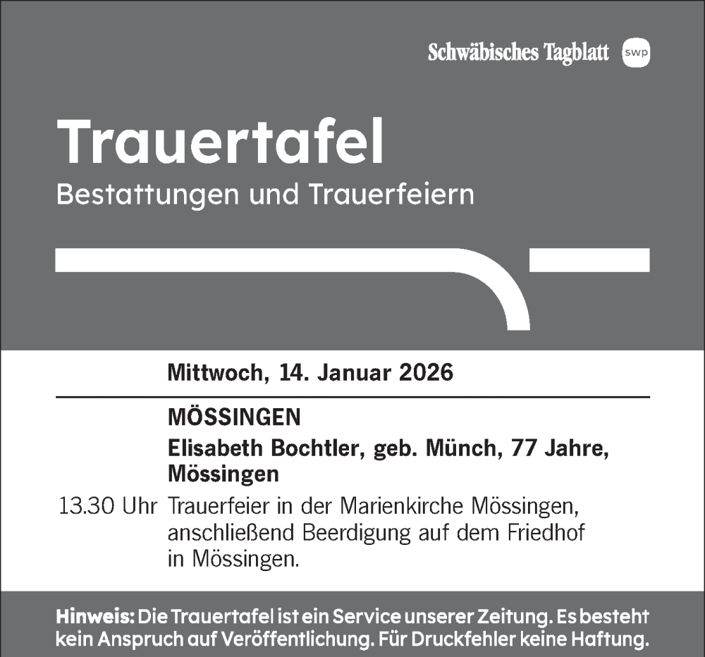  Traueranzeige für Trauertafel vom 14.01.2026 vom 14.01.2026 aus Schwäbische Tagblatt