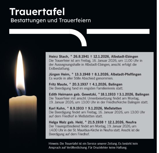 Traueranzeige von Trauertafel vom 15.01.2026 von SÜDWEST PRESSE Zollernalbkreis/Hohenzollerische Zeitung