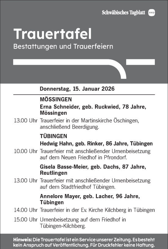 Traueranzeige von Trauertafel vom 15.01.2026 von Schwäbische Tagblatt