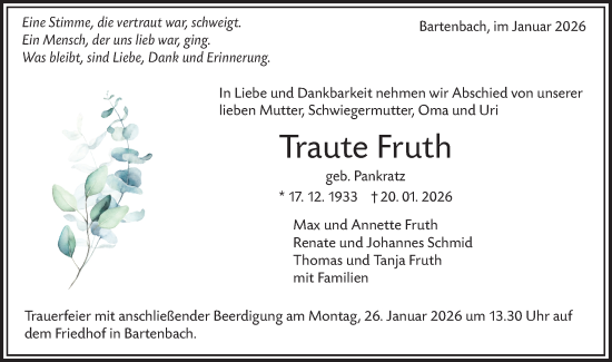 Traueranzeige von Traute Fruth von NWZ Neue Württembergische Zeitung