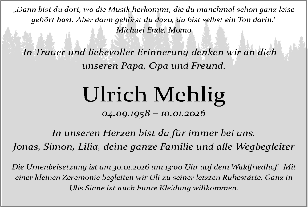  Traueranzeige für Ulrich Mehlig vom 24.01.2026 aus Haller Tagblatt