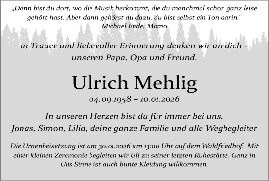 Traueranzeige von Ulrich Mehlig von Haller Tagblatt