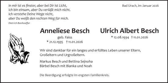 Traueranzeige von Ulrich Albert Besch von Alb-Bote/Metzinger-Uracher Volksblatt