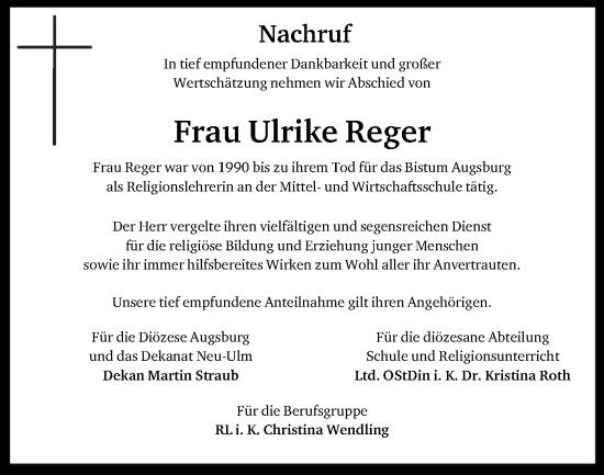 Traueranzeige von Ulrike Reger von SÜDWEST PRESSE Ausgabe Ulm/Neu-Ulm