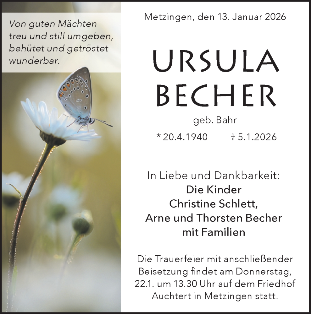  Traueranzeige für Ursula Becher vom 13.01.2026 aus Alb-Bote/Metzinger-Uracher Volksblatt
