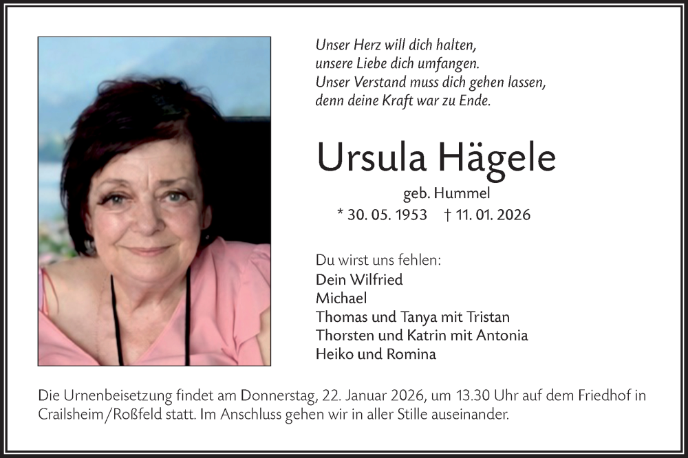  Traueranzeige für Ursula Hägele vom 19.01.2026 aus Haller Tagblatt
