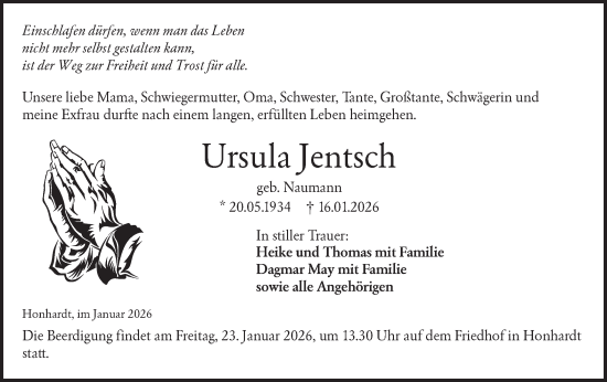Traueranzeige von Ursula Jentsch von Hohenloher Tagblatt