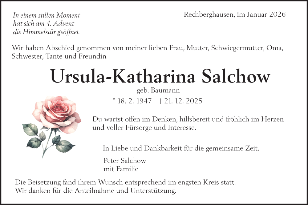  Traueranzeige für Ursula-Katharina Salchow vom 10.01.2026 aus NWZ Neue Württembergische Zeitung