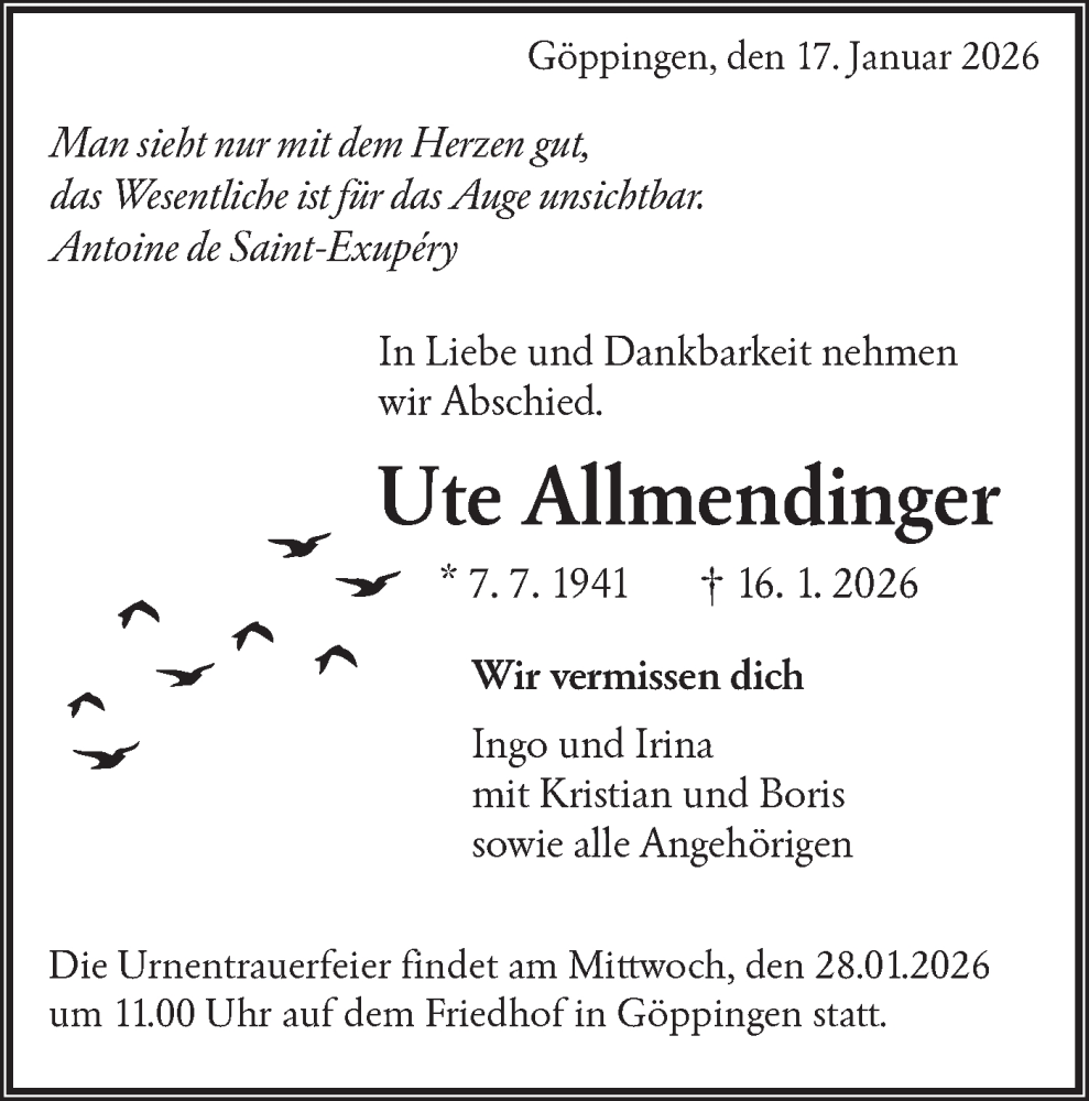 Traueranzeige für Ute Allmendinger vom 24.01.2026 aus NWZ Neue Württembergische Zeitung