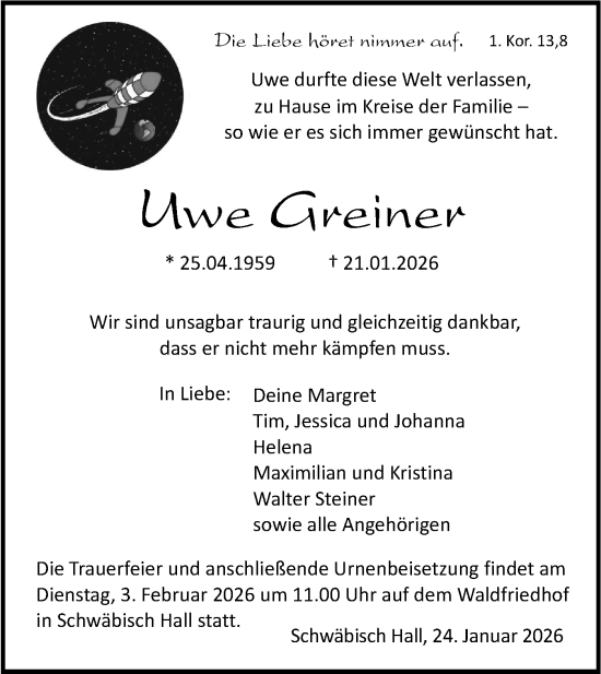 Traueranzeige von Uwe Greiner von Haller Tagblatt