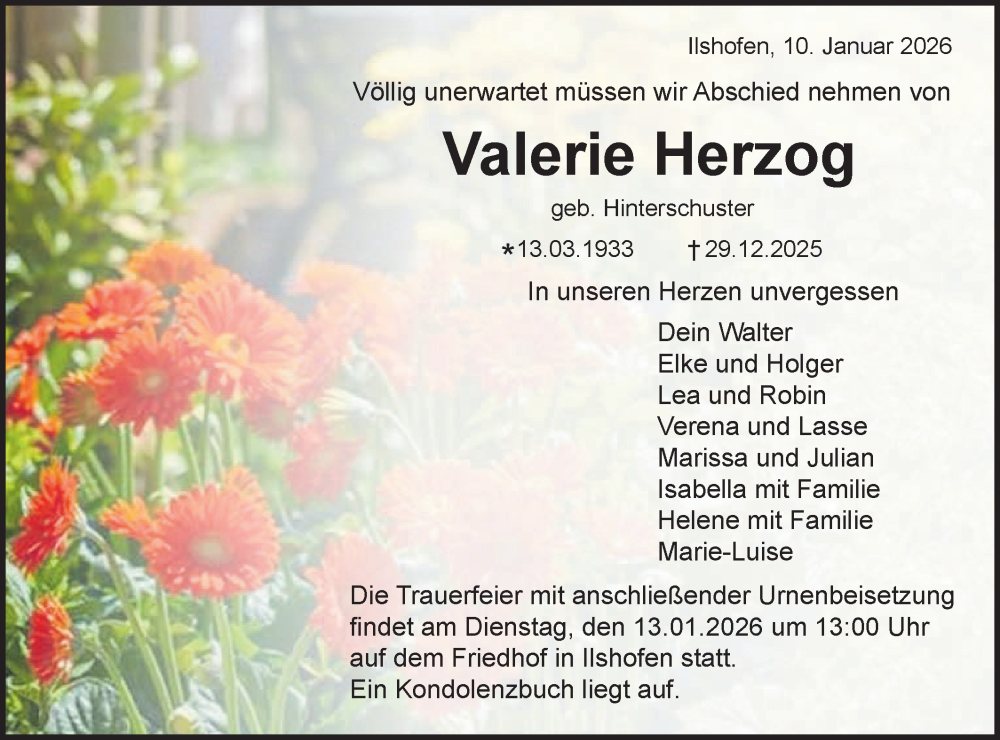  Traueranzeige für Valerie Herzog vom 10.01.2026 aus Haller Tagblatt