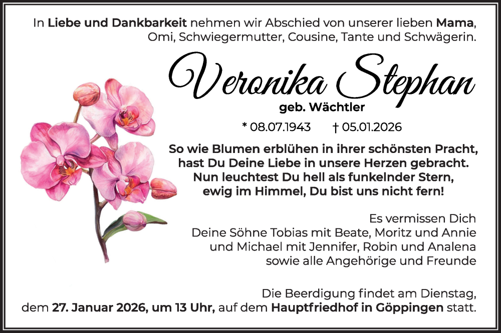  Traueranzeige für Veronika Stephan vom 17.01.2026 aus NWZ Neue Württembergische Zeitung