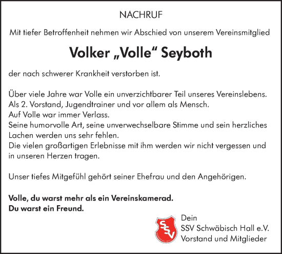 Traueranzeige von Volker Seyboth von Haller Tagblatt