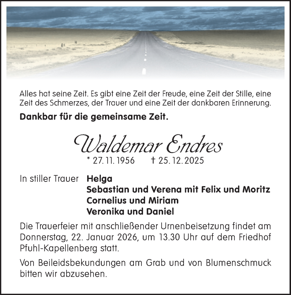  Traueranzeige für Waldemar Endres vom 17.01.2026 aus SÜDWEST PRESSE Ausgabe Ulm/Neu-Ulm/Neu-Ulmer Zeitung