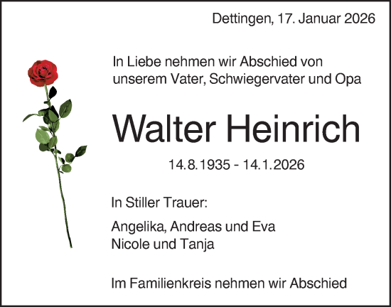 Traueranzeige von Walter Heinrich von Alb-Bote/Metzinger-Uracher Volksblatt