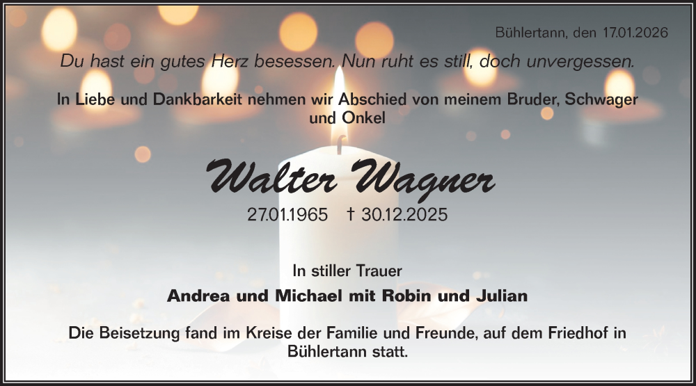  Traueranzeige für Walter Wagner vom 17.01.2026 aus Haller Tagblatt