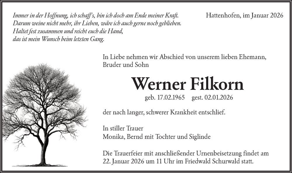  Traueranzeige für Werner Filkorn vom 10.01.2026 aus NWZ Neue Württembergische Zeitung