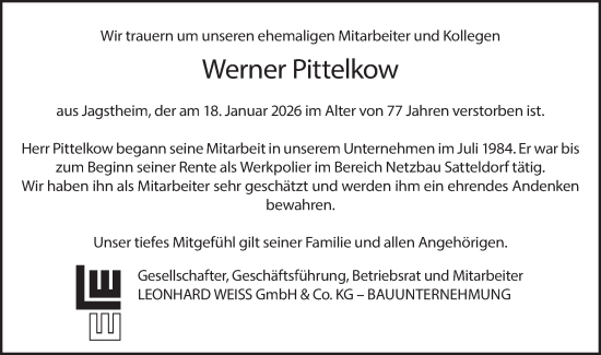 Traueranzeige von Werner Pittelkow von Hohenloher Tagblatt