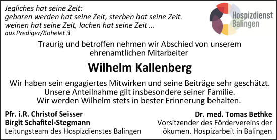 Traueranzeige von Wilhelm Kallenberg von SÜDWEST PRESSE Zollernalbkreis/Hohenzollerische Zeitung