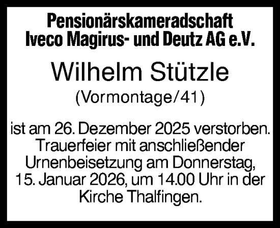 Traueranzeige von Wilhelm Stützle von SÜDWEST PRESSE Ausgabe Ulm/Neu-Ulm