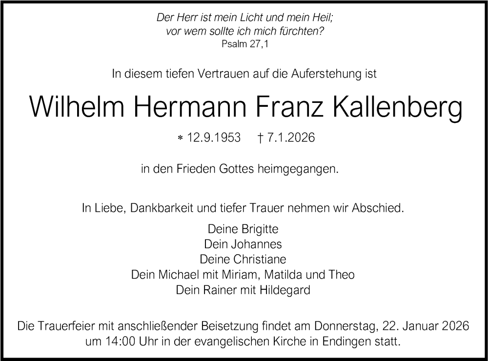  Traueranzeige für Wilhelm Hermann Franz Kallenberg vom 14.01.2026 aus SÜDWEST PRESSE Zollernalbkreis/Hohenzollerische Zeitung