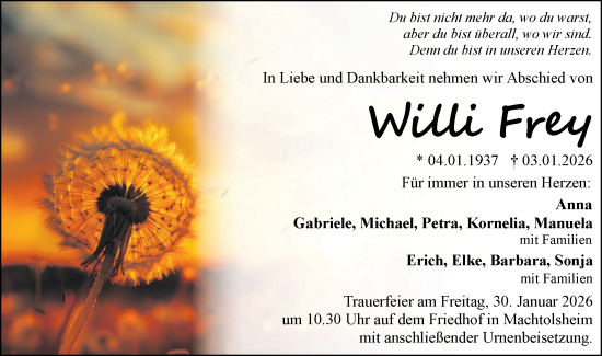 Traueranzeige von Willi Frey von SÜDWEST PRESSE Ausgabe Ulm/Neu-Ulm