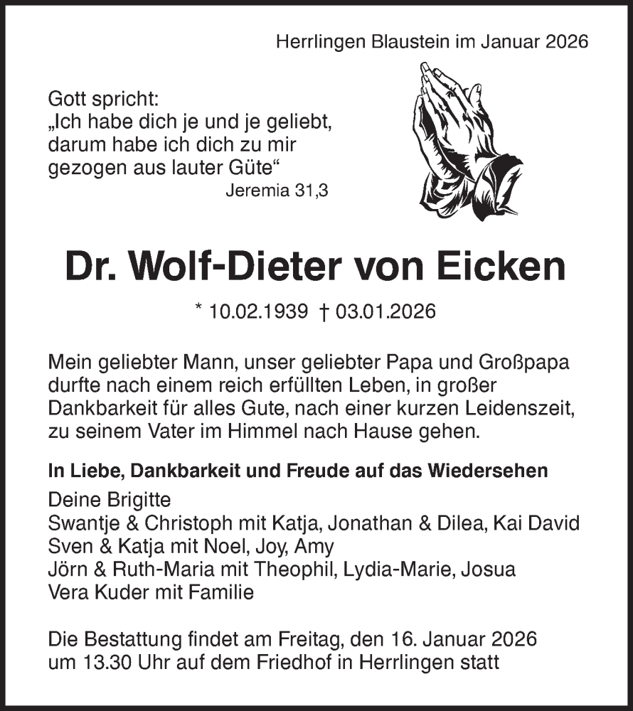  Traueranzeige für Wolf-Dieter von Eicken vom 10.01.2026 aus SÜDWEST PRESSE Ausgabe Ulm/Neu-Ulm