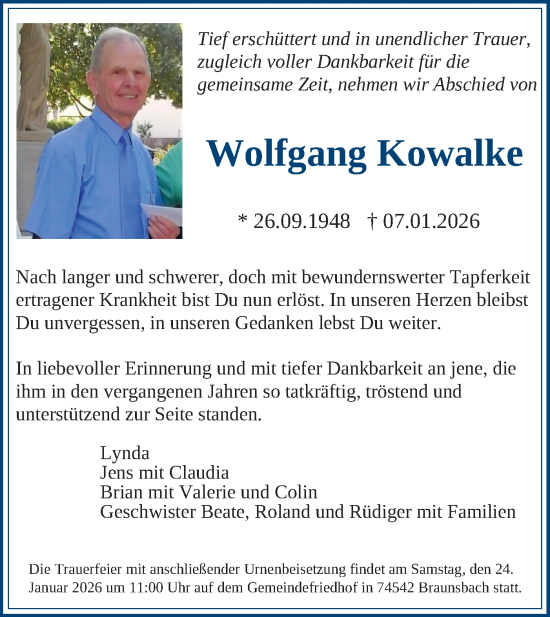Traueranzeige von Wolfgang Kowalke von Haller Tagblatt