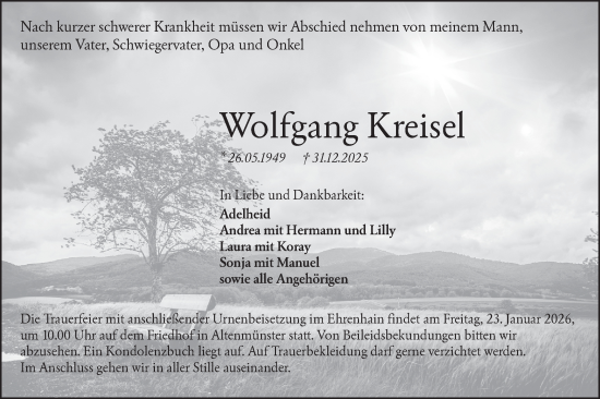 Traueranzeige von Wolfgang Kreisel von Hohenloher Tagblatt