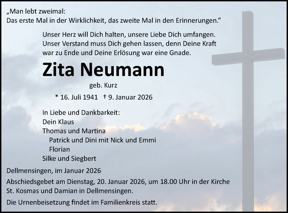  Traueranzeige für Zita Neumann vom 17.01.2026 aus SÜDWEST PRESSE Ausgabe Ulm/Neu-Ulm